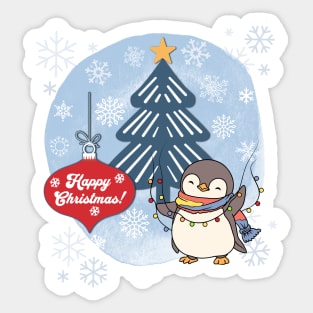 Happy Christmas Penguin and Snowflakes Sticker